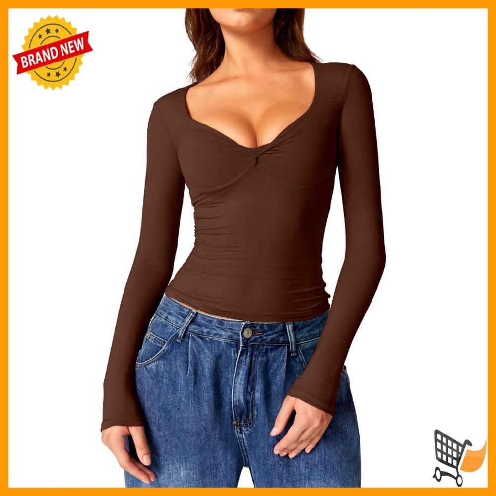 Twist Front V Neck Long Sleeve Slim Fit Y2K Crop Top Tee Chic Trendy